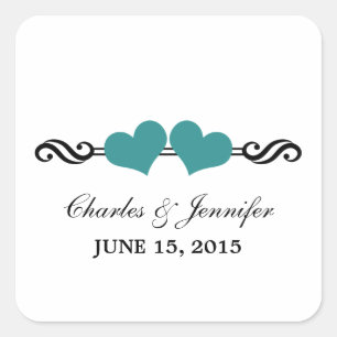 Elegant Hearts Wedding Stickers, Teal Fyrkantigt Klistermärke