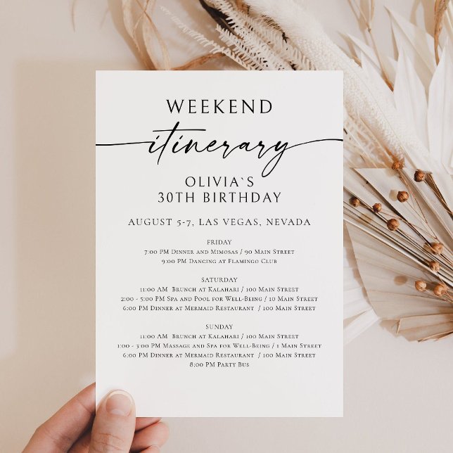Elegant Helg Födelsedags Itinerary Inbjudan (Birthday Bridal Shower Weekend Itinerary Card)
