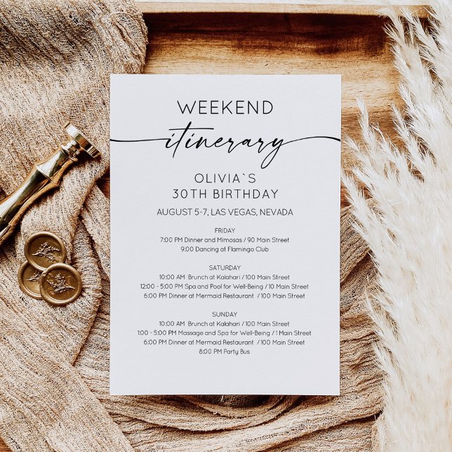 Elegant helg-födelsedagsprogram inbjudan (Birthday Bridal Shower Weekend Itinerary Card)