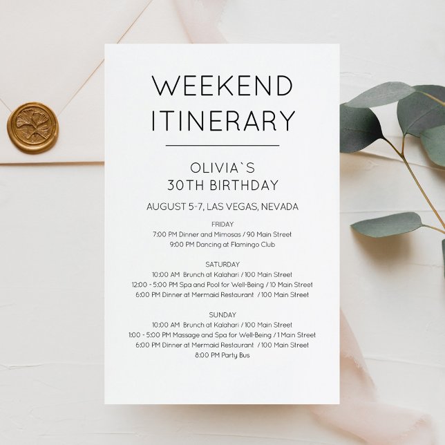 Elegant Helgdag Födelsedags Itinerary Inbjudan (Elegant Weekend Birthday Itinerary Invitation)