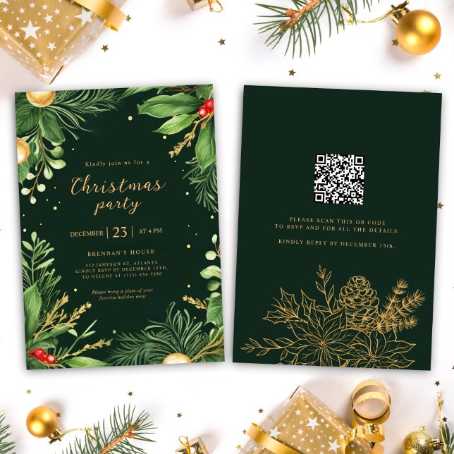 Elegant Helgdag Greenery QR-kod jul Party Inbjudningar (Elegant Holiday Greenery QR Code Christmas Party I Invitation)