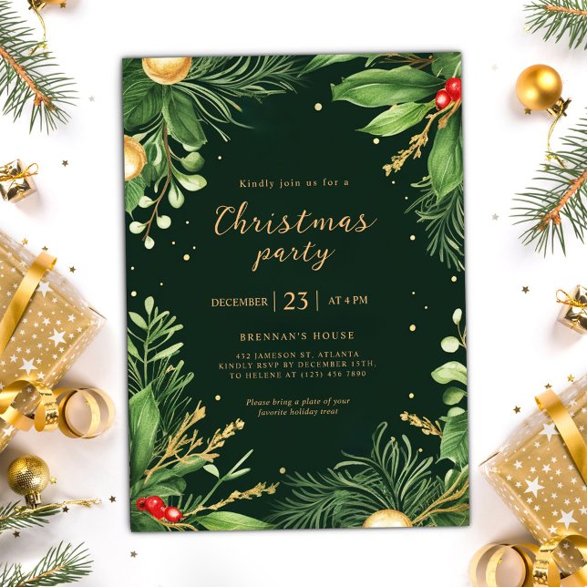 Elegant Helgdag Grey Botaniska jul Party Inbjudningar (Elegant Holiday Greenery Botanical Christmas Party Invitation)