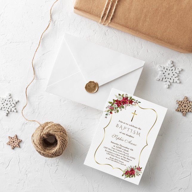 Elegant Helgdag Julafton Red White Poinsettia Bapt Inbjudningar (Skapare uppladdad)