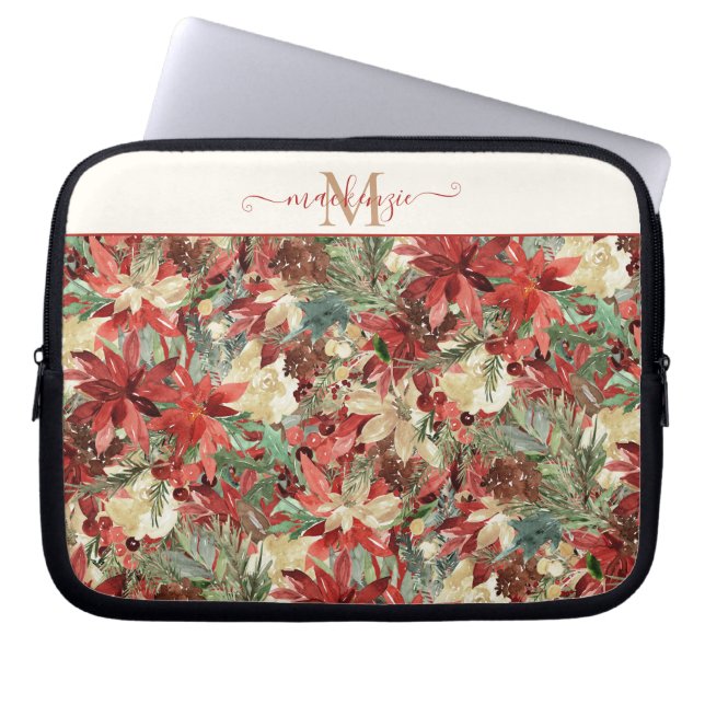 Elegant Helgdag Poinsettia Blommigt Monogram Laptop Fodral (Framsidan)