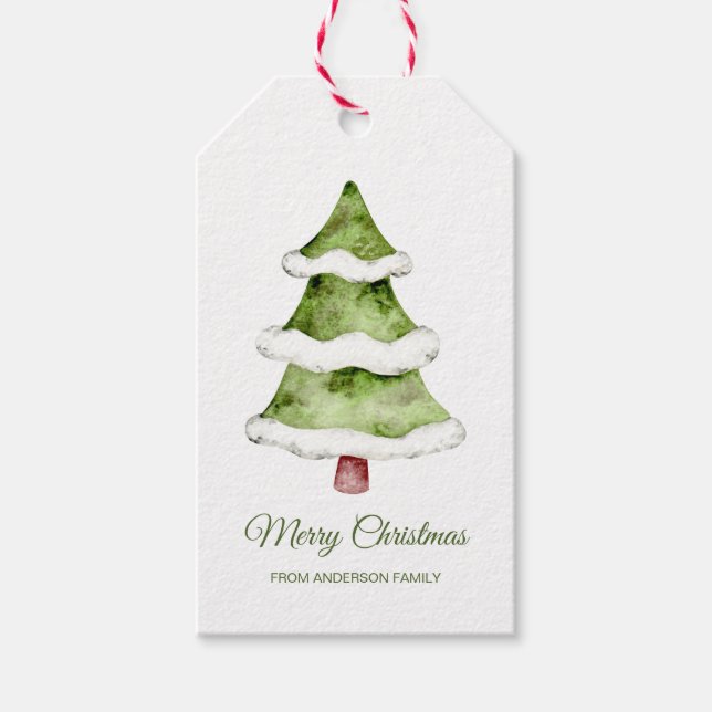 Elegant Helgdag Watercolor Julgran Presentetikett (Framsidan)
