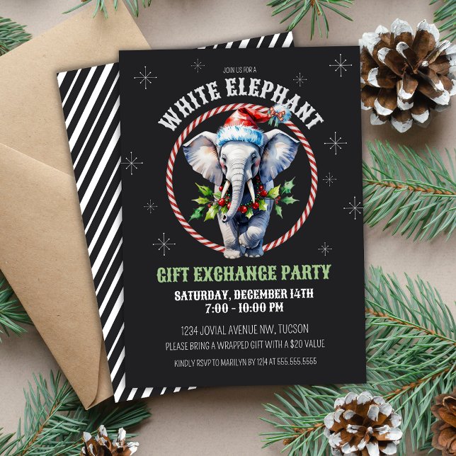 Elegant Helgdag White Elephant Gift Exchange Inbjudningar (Vintage chalkboard base white elephant Christmas holiday gift exchange party invitations with holly)
