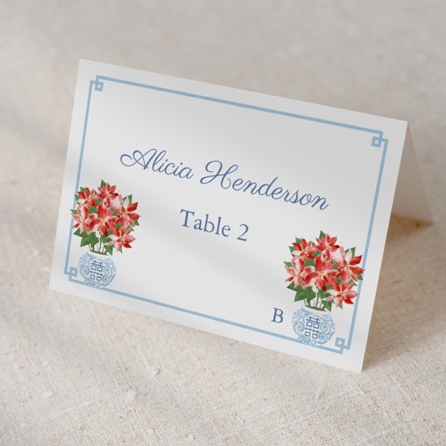 Elegant Helgdagar - Buffet Lunch Place-kort Bordsnummer (Red poinsettia ginger jar christmas holidays individual place card design)
