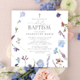 Elegant Heliga Baptism Script Dusty Blue Wildblomm Inbjudningar