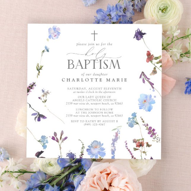 Elegant Heliga Baptism Script Dusty Blue Wildblomm Inbjudningar (Holy Baptism Invitation)