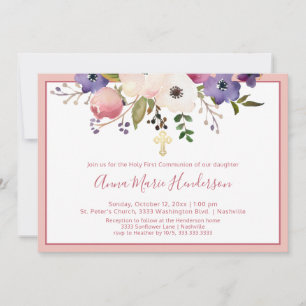 Elegant Heliga First Communion Rosa Blommigt Girl Inbjudningar