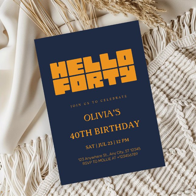 Elegant Hello Forty Marinblå 40-årsdag Inbjudningar (Skapare uppladdad)