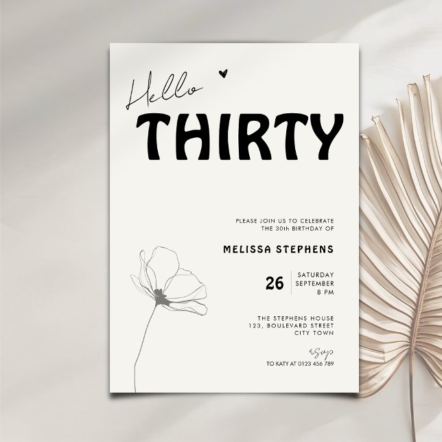 Elegant Hello Thirty Bold Typography 30th Birthday Inbjudningar (Skapare uppladdad)
