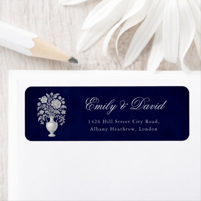 Elegant Heritage Flower Vase Navy Wedding Returadress Etikett (Insitu)