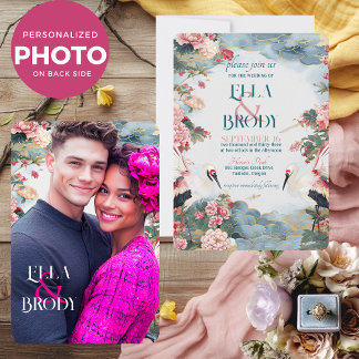 Elegant Heron Peonies med Anpassningsbar Photo Brö Inbjudningar