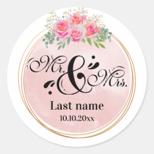 Elegant herr och fru Blush Rosa Blommor Bröllop Runt Klistermärke