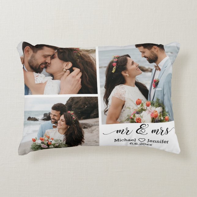 elegant herr och fru bröllop 3 bilder kollage  prydnadskudde (Framsidan)