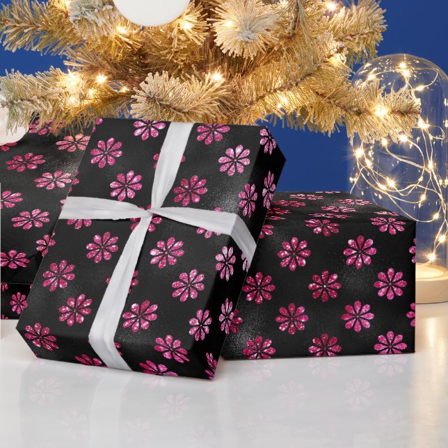 Elegant het rosa glitter och svarta blommor mönste presentpapper (Helgdagar)