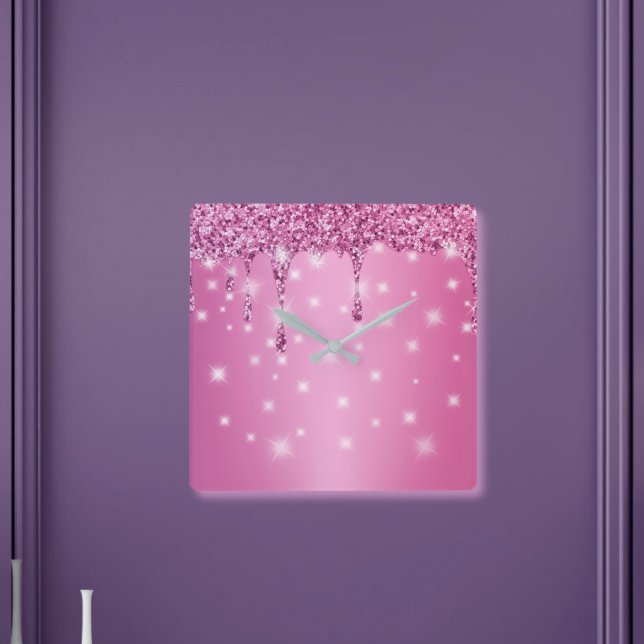 Elegant het rosa glitterdropp fyrkantig klocka (Hot pink glitter drip wall clock – a chic, glam gift for bachelorette gifts for bride, or bridesmaid)
