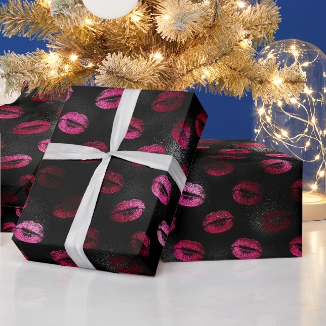 Elegant het rosa och svart glitter läppstift läppa presentpapper (Helgdagar)