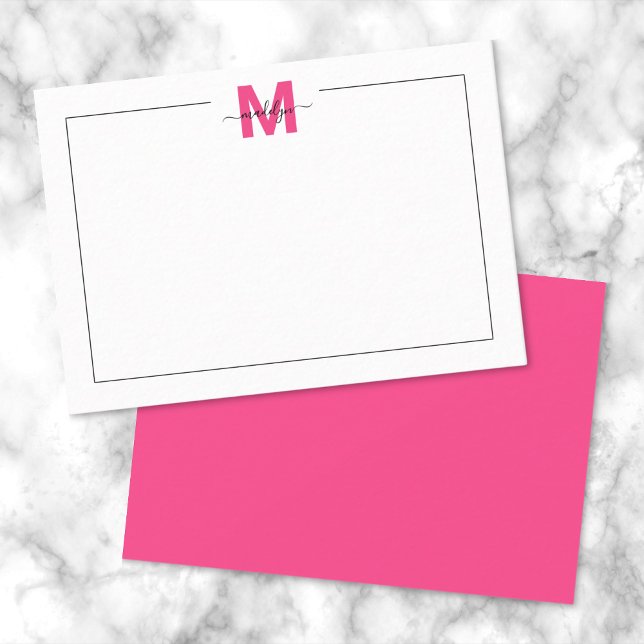 Elegant het rosa scriptmonogram anteckningskort (Black Pink Script Name Monogram Note Card)