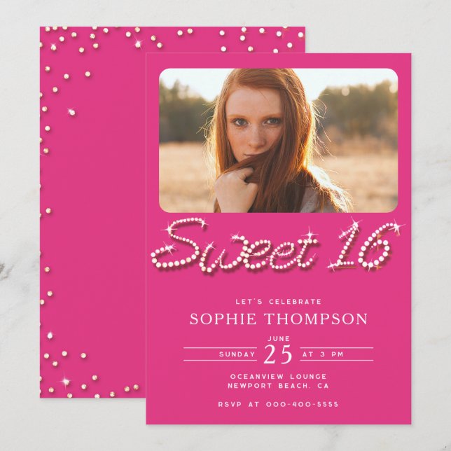 Elegant heta rosa strassar Chic Sweet 16 Foto Inbjudningar (Fram/baksida)
