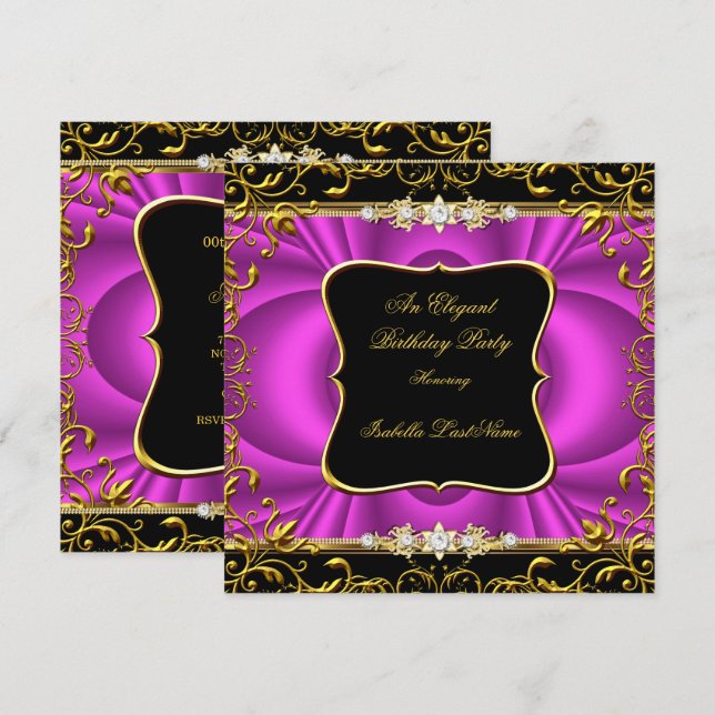 Elegant hetstrå rosa damask svart guld födelsedags inbjudningar (Fram/baksida)