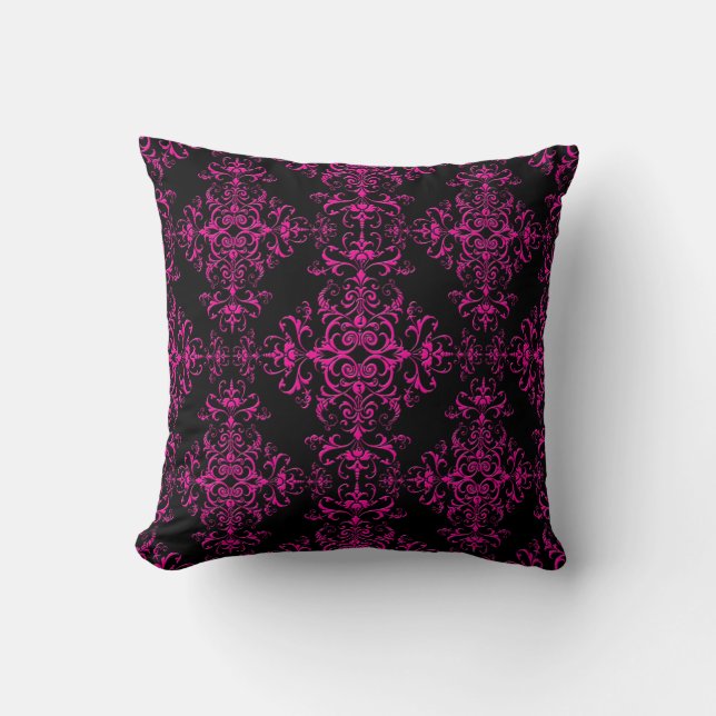 Elegant hetstråpink och svart damask i viktoriansk kudde (Framsida)