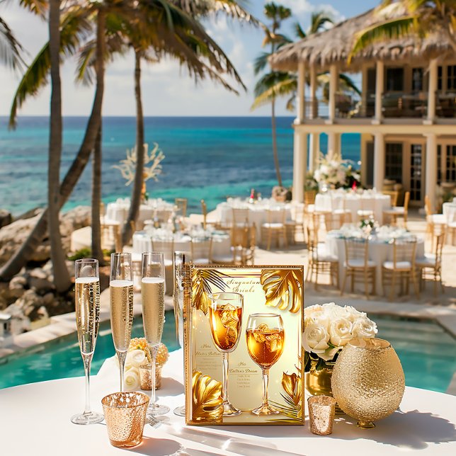 Elegant Hett Tropik Gilded Guld Namnteckning Drink Poster (Elegant Signature Drinks Gold Monstera Leaf Menu )