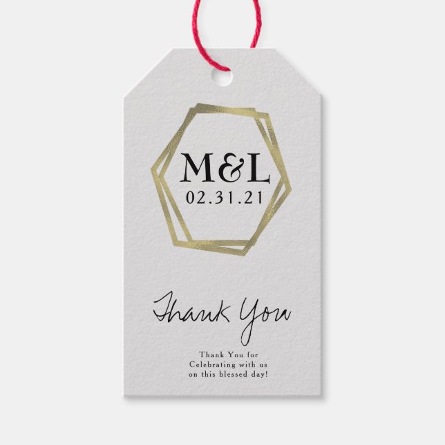Elegant Hexagon Guld Icon Bröllop Tack Presentetikett (Framsidan)