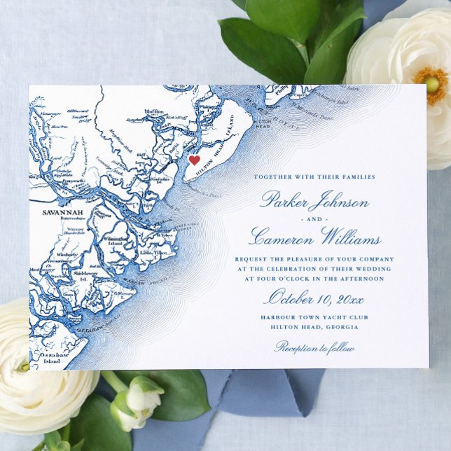 Elegant Hilton Head Island Karta Navy Blue Bröllop Inbjudningar (Elegant Hilton Head Georgia Map Wedding Invitation with navy blue script by Coastal Map Designs)
