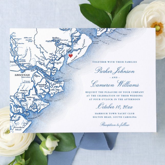 Elegant Hilton Head Island Karta Navy Blue Bröllop Inbjudningar (Hilton Head Island SC Map wedding invitations for an elegant Harbour Town Yacht Club wedding)