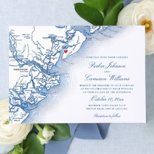 Elegant Hilton Head Island Karta Navy Blue Bröllop Inbjudningar