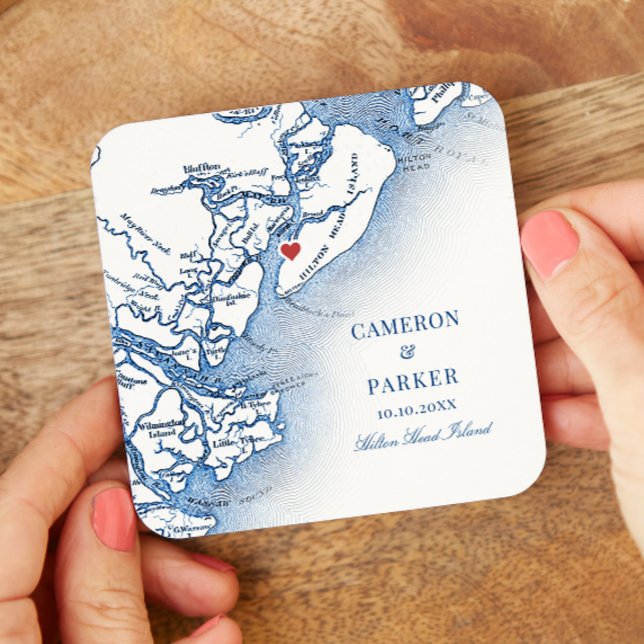 Elegant Hilton Head Island Karta Navy Blue Bröllop Underlägg Papper Kvadrat (Hilton Head SC Map Drink Coaster for an elegant navy blue wedding from Coastal Map Designs)