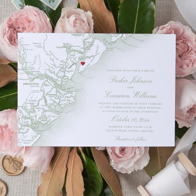 Elegant Hilton Head Island Karta Sage Grönt Bröllo Inbjudningar (Hilton Head SC Map Wedding Invitation in Elegant Sage Green by Coastal Map Designs)