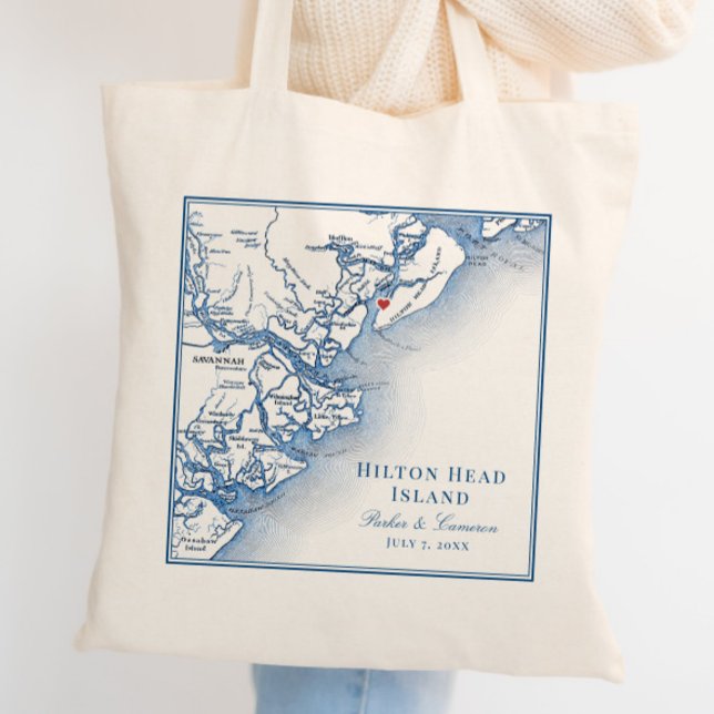 Elegant Hilton Head Karta Navy Blue Bröllop Tygkasse (Hilton Head Island Wedding Tote Bag Personalized with couples names and elegant navy blue map)