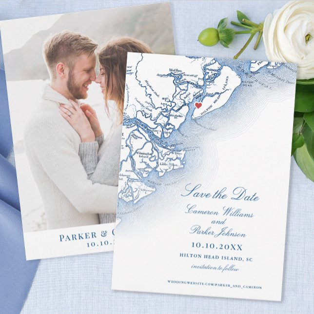 Elegant Hilton Head SC Karta Lodrät Bröllop Spara Datumet (Hilton Head SC Wedding Save the Date in elegant navy blue from Coastal Map Designs)