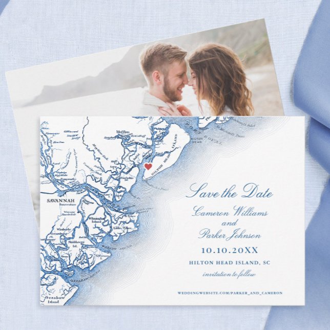 Elegant Hilton Head South Carolina Karta Bröllop Spara Datumet (Elegant Hilton Head Island SC map Save the dates for a navy blue wedding at Harbour Town Yacht Club)