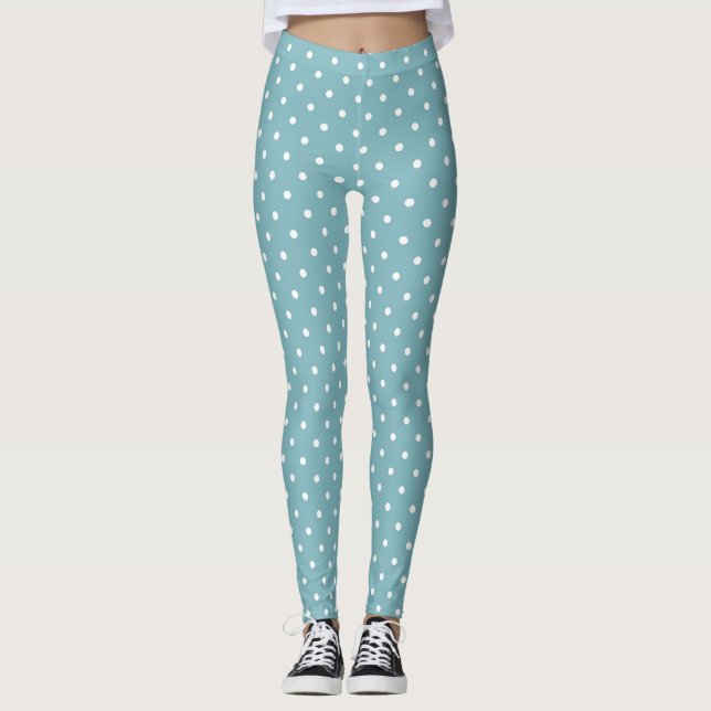 Elegant Himmel Blue med Small White Polka dots Leggings (Framsida)