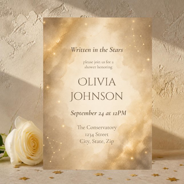 Elegant himmelskt bröllopsdusch-inbjudan | Elfenbe Inbjudningar (Luxury ivory and gold celestial bridal shower invitation with elegant watercolor and gold stars.)