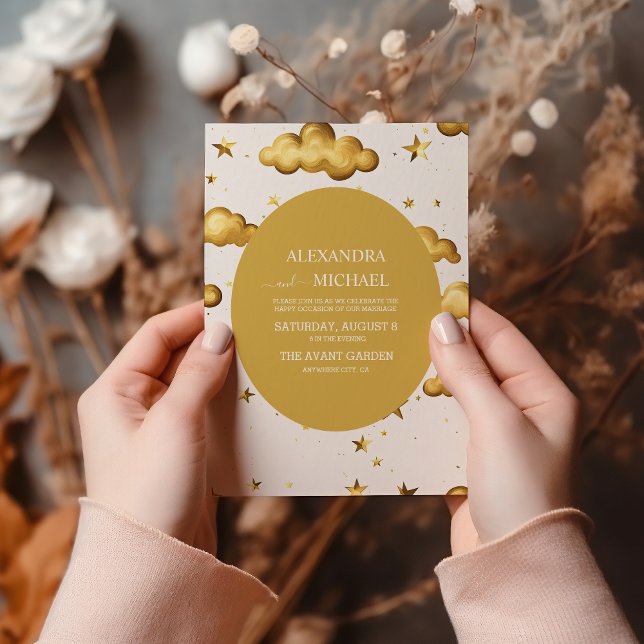 Elegant himmelskt guld måne och stjärnor bröllop inbjudningar (Skapare uppladdad)