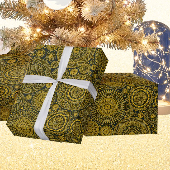 Elegant hindu mandala mönster grönt guld diwali presentpapper (Skapare uppladdad)