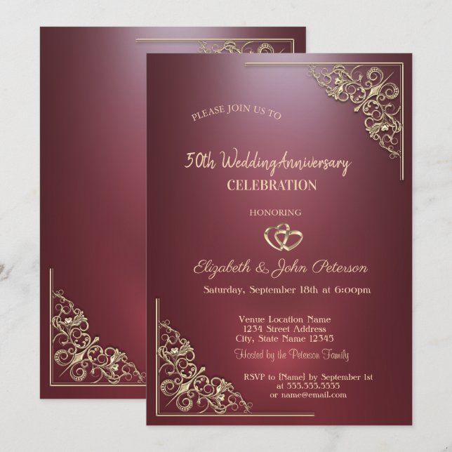 Elegant Hjärtan Ram Mörk Röd Bröllopsdag Jubileum Inbjudningar (Fram/baksida)