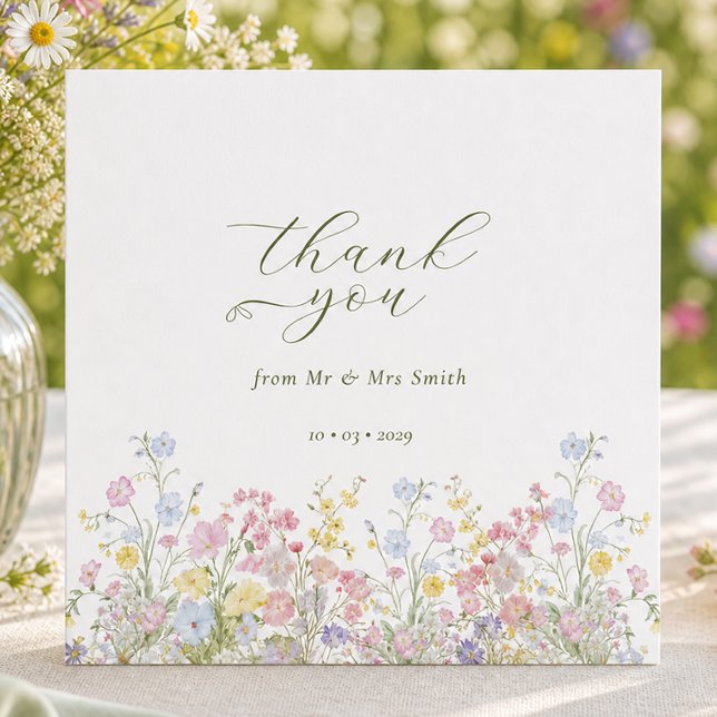 Elegant Hjärtan Tack Vildblomma Bröllop Kort (Elegant Heart Thank you Wildflower Wedding Card)