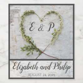 Elegant, hjärtklappad, rustik fågelbark bröllop vinflaska etikett