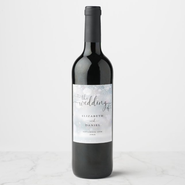 Elegant hjärtskrift Vinterbröllop Vinflaska Etikett (Framsida)