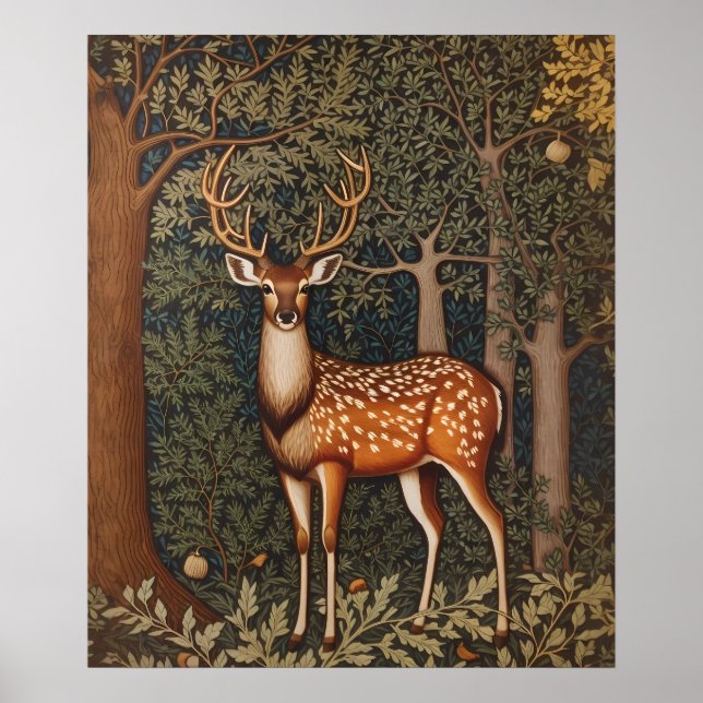 Elegant Hjort i skogen i Oak Träd Poster (Framsidan)