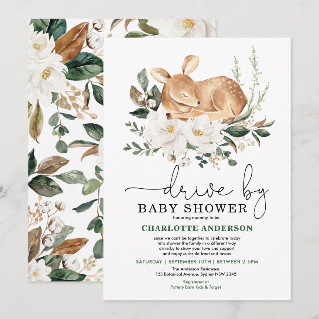Elegant Hjort Ivory Blommigt Drive by Baby Shower Inbjudningar (Fram/baksida)