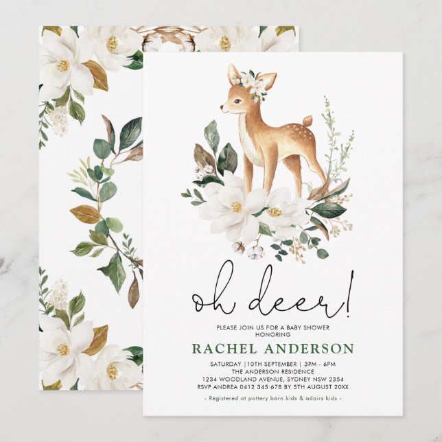 Elegant Hjort Ivory Blommigt Greenery Baby Shower Inbjudningar (Fram/baksida)