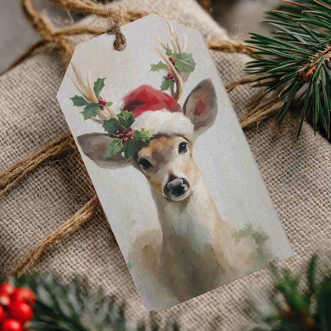 Elegant hjort med jultomtehatt jul presentetikett (Elegant Woodland Deer Christmas Gift Tag)