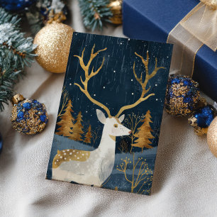 Elegant Hjort Navy Blue& Guld Watercolor Mysigt Ju Vykort